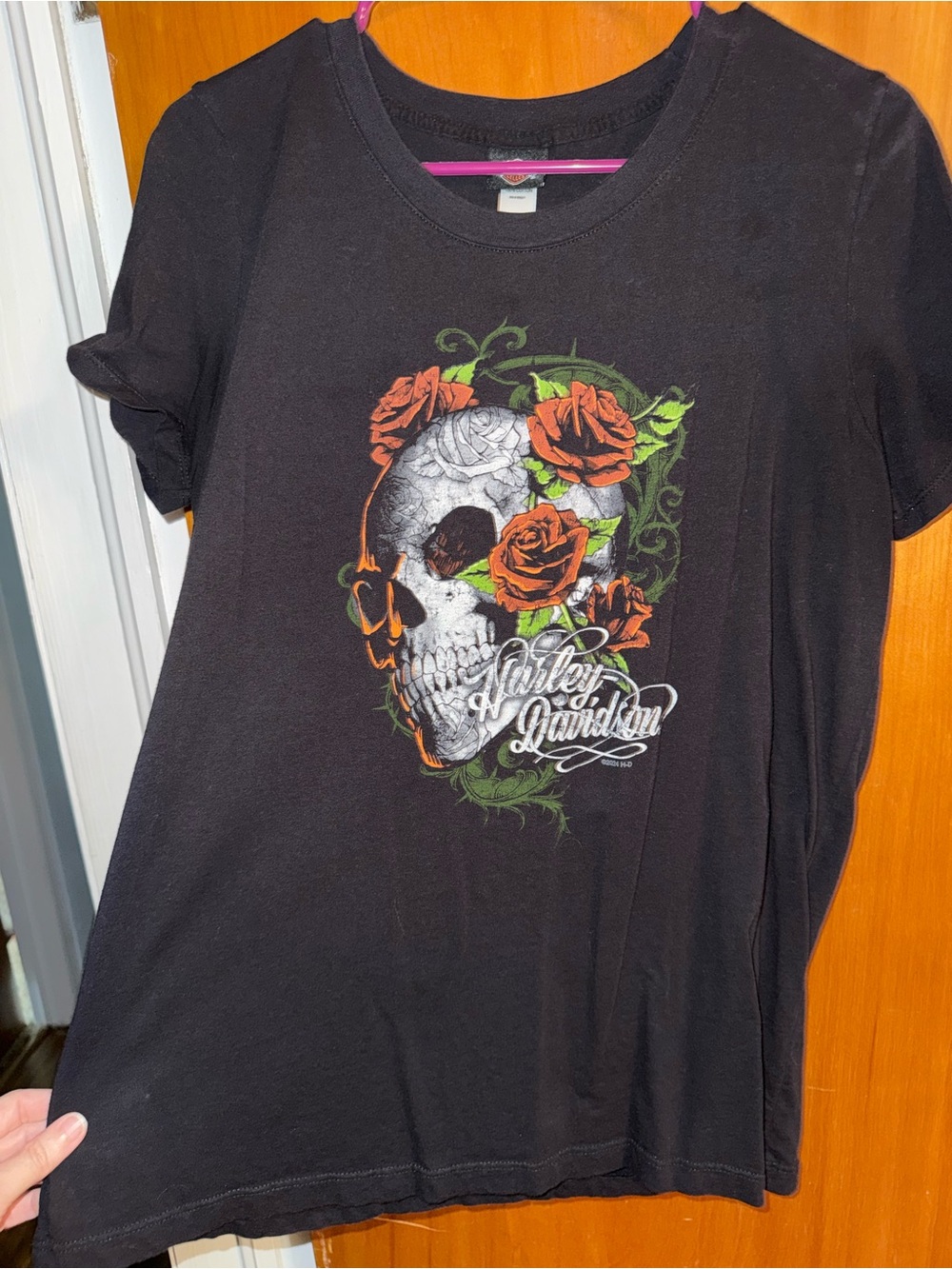 Harley-Davidson Black Tee with Skull & Orange Roses